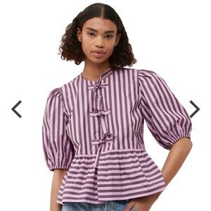 Ganni Tie Front Peplum Striped Blouse